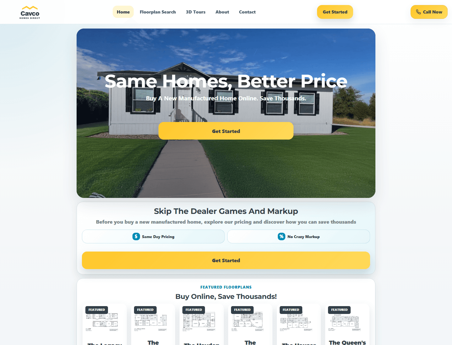 Cavco Homes Direct website with floorplan search and lead generation calls to action