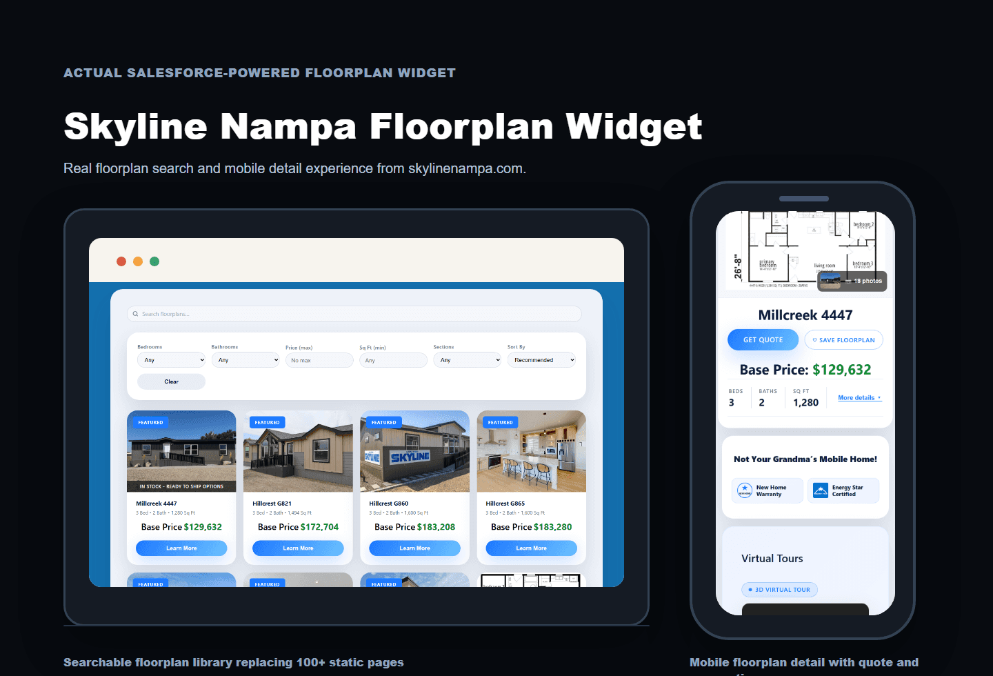 Skyline Homes searchable inventory and mobile floorplan experience